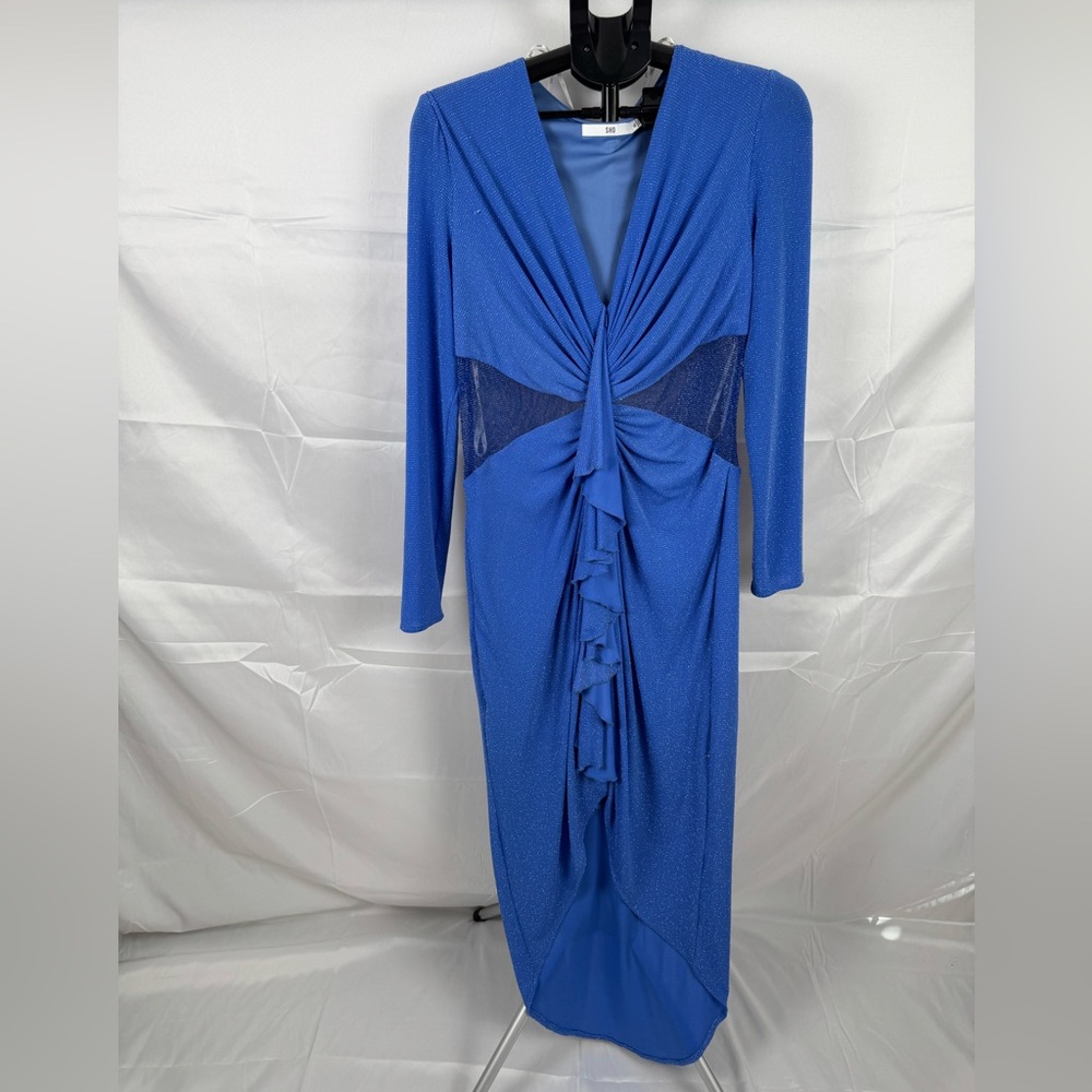 SHO Blue Sparkle Twist Front‎ Cutout Midi Dress XL Long Sleeve Ruched Bodycon